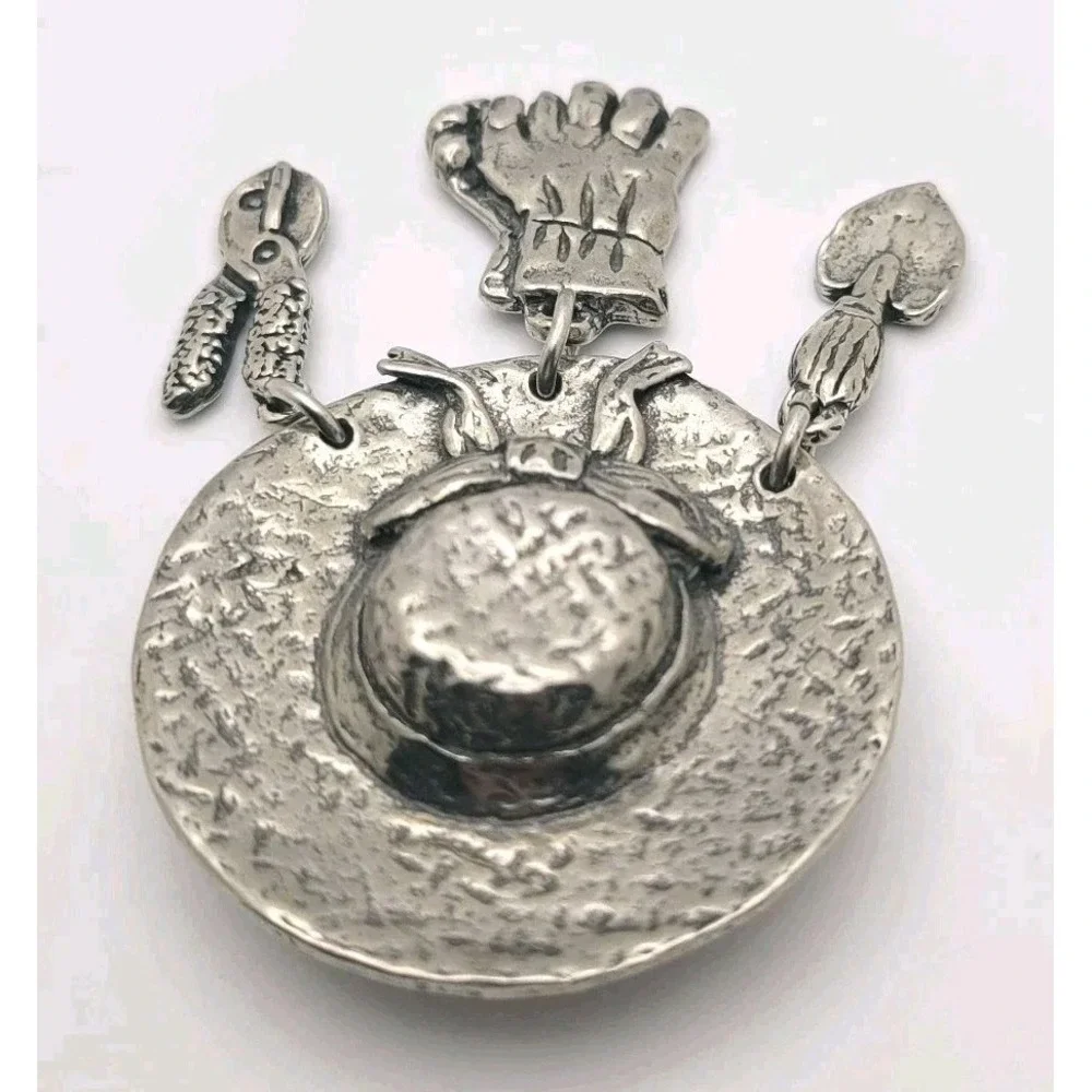 Vintage Sheridan Pewter‎ Hat Brooch Pin Signed Gardening Charms Cottagecore